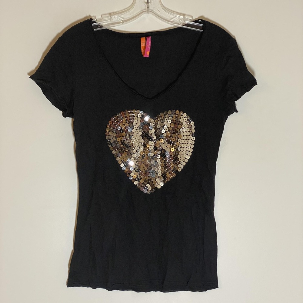 Jenni By Jennifer Moore Top Womens Medium Black Gold Silver Sequin Heart Bling M